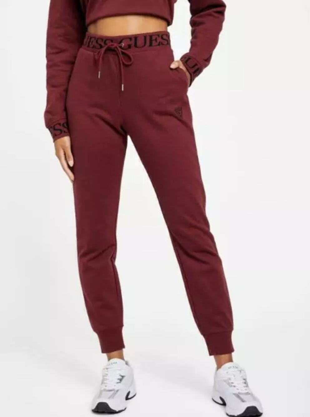 Guess Joggers Sweatpants Women’s S Burgundy Fleece Tapered Athleisure GUC